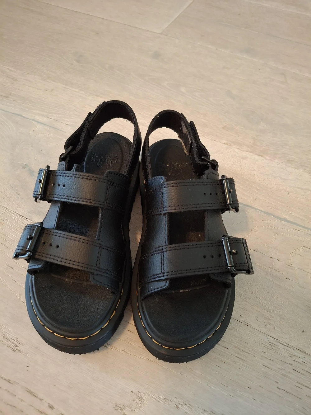 Kids Dr. Martens Black Leather Triple-Strap Sandals with Yellow Stitching